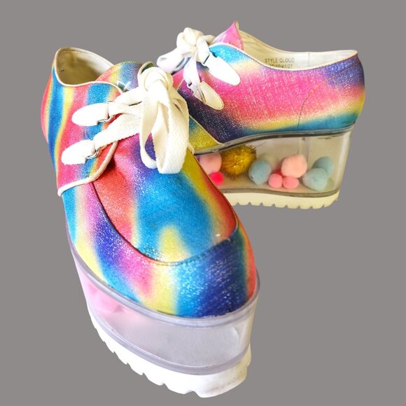YRU QLOUD Rainbow Glitter Clear Platform Shoes Creepers Kawaii Rave Festival Sz - Picture 12 of 15